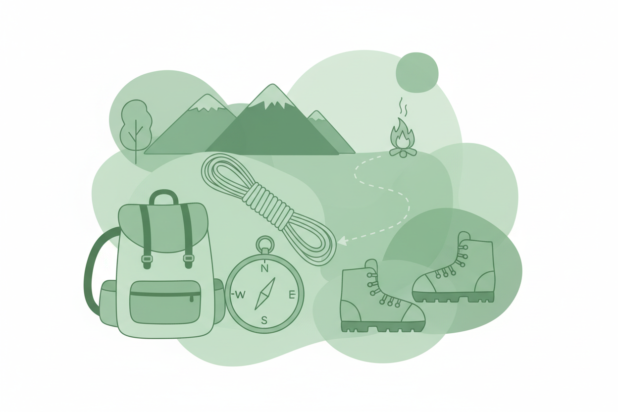 Grüne Illustration mit Wanderausrüstung wie Rucksack, Kompass, Seil und Wanderschuhen vor einer Berglandschaft.